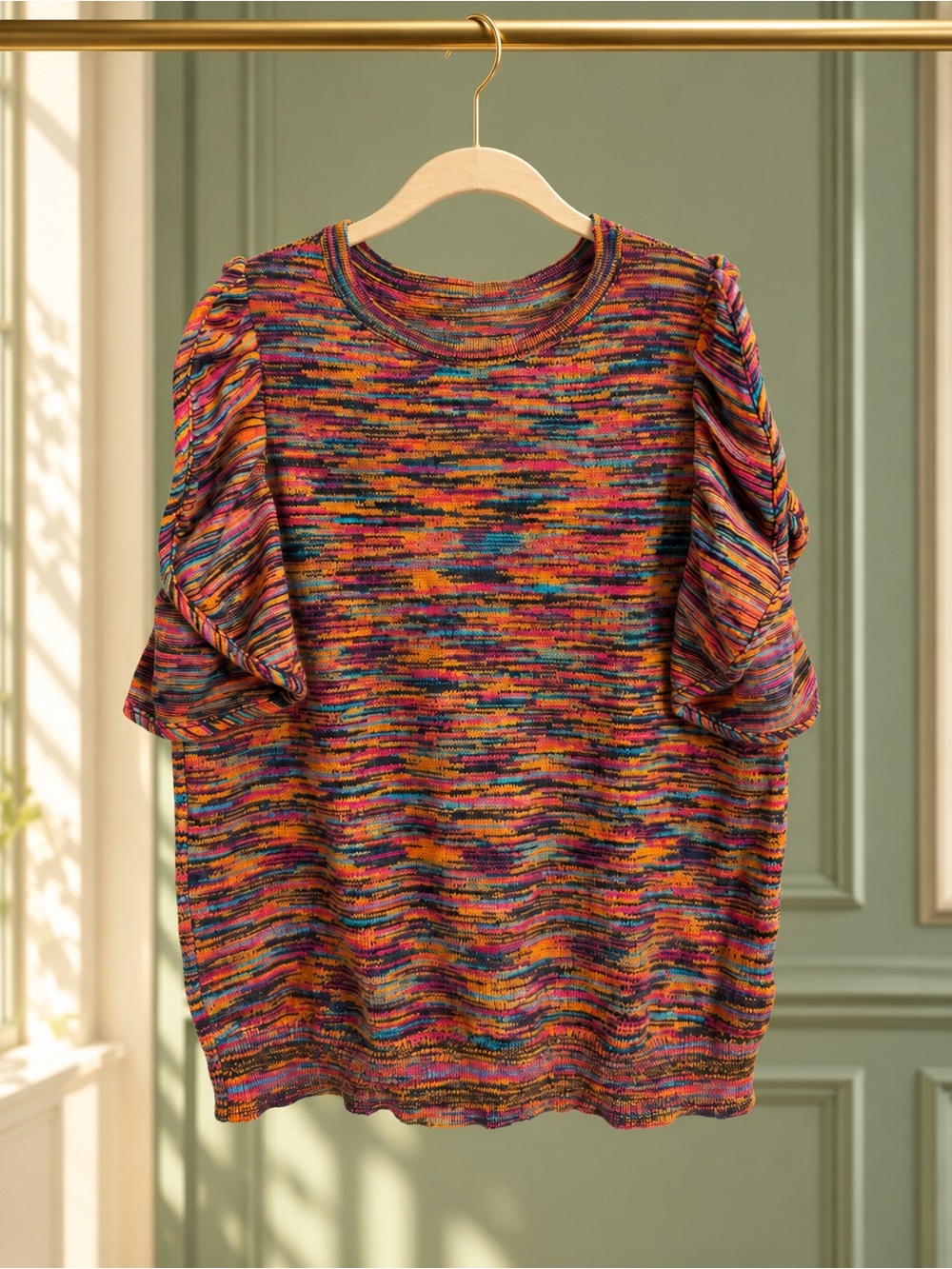 By Anthropologie Multicolor Space-Dye Knit Puff Sleeve Sweater Top Size S